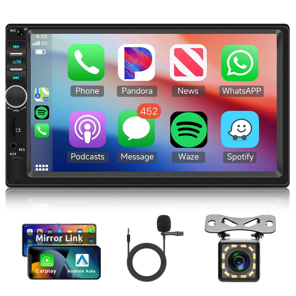 Hodozzy 2-Din Car Stereo with CarPlay, Android Auto, Bluetooth, 7-inch Screen, 2-Din Bluetooth, Mirror Link, SWC, FM EQ, USB AUX, Dual Din Car Radio
