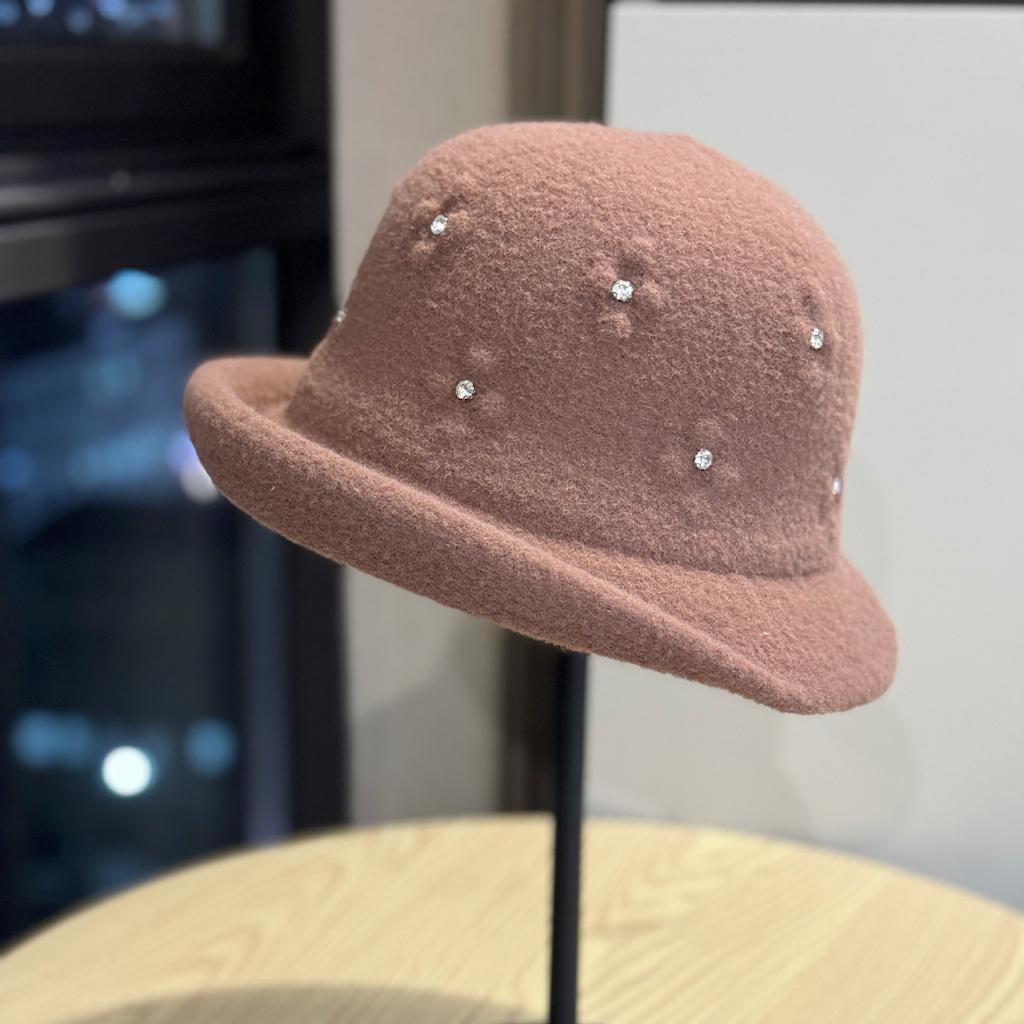 Winter New Style Curled Handmade Rhinestone Decorated Woolen Hat Japanese Style Warm Fisherman Hat Ladies Elegant Basin Hat Trend