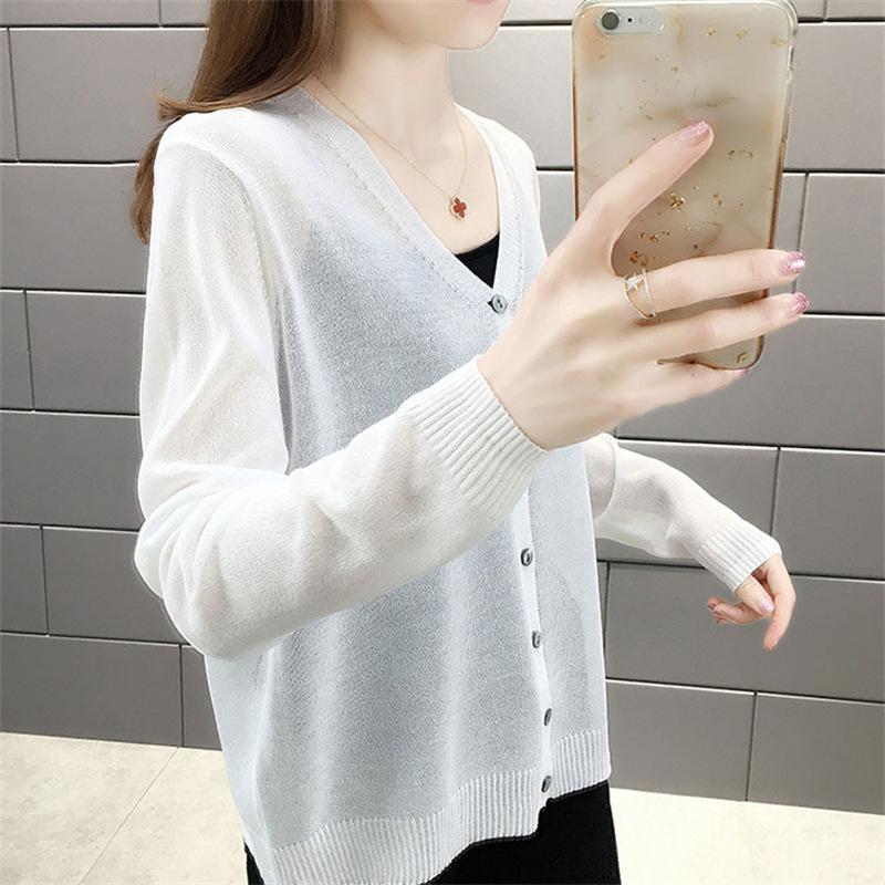 Spring and summer outer long-sleeved thin loose sunscreen top fashionable foreign style solid color simple V-neck ice silk knitted sweater women