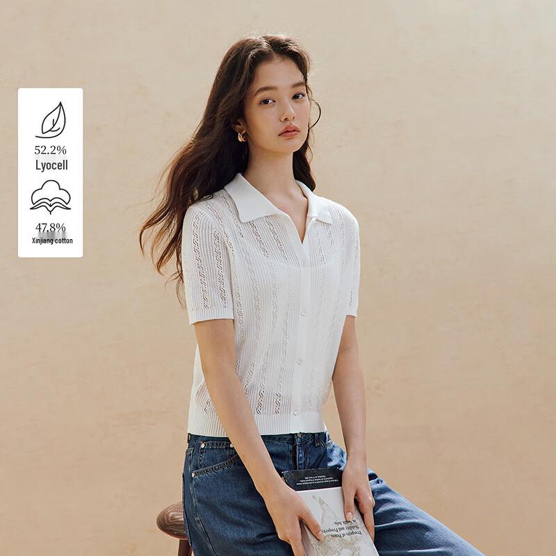 INMAN Tencel Cotton Lapel Hollow Knit Short Sleeve Top L