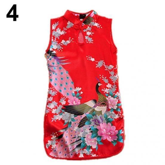 Elegant Children Girls Chinese Cheongsam Dress With Floral Peacock Pattern Sleeveless Summer Wear