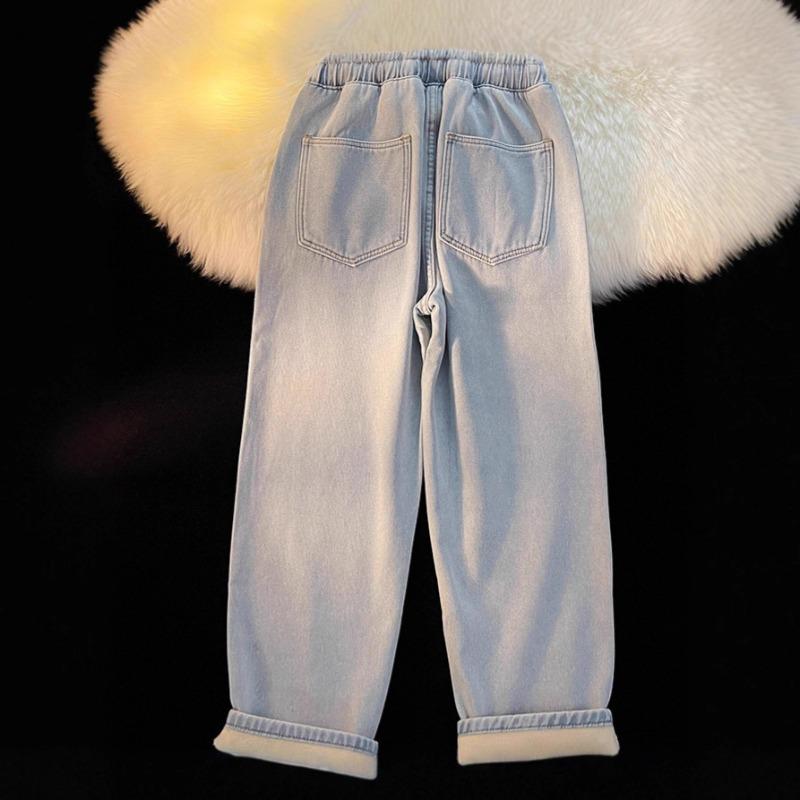 Fleece thickened straight women's jeans, new wide-leg cotton elastic waist pants in autumn and winter