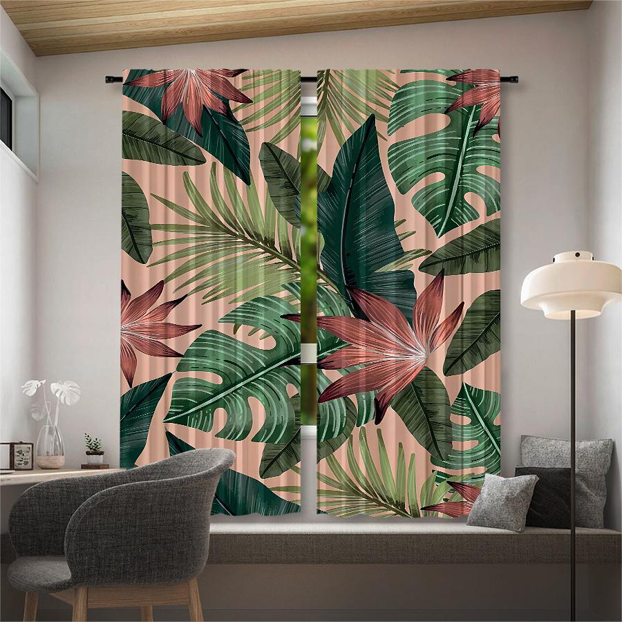 Set Of 2 Tropical Leaves Printed Curtains Pole Bag Bedroom Living Room Home Decoration Made Polyester Area Window Treatment