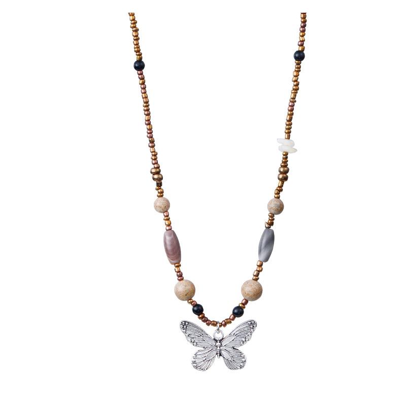 

New Chinese retro beaded necklace stacked butterfly design natural stone accessories necklace men s and women s versatile sweater chain