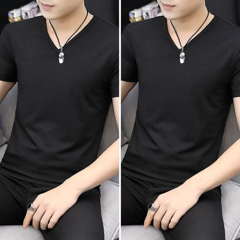 2-pak męskich koszulek z lodowego jedwabiu z dekoltem w serek, z krótkim rękawem, slim fit