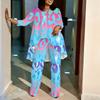 Women Plus Size Three Quarter Sleeve Round Neck Top Irregular Hem Printed Wide Leg Pants Two Piece Casual Set