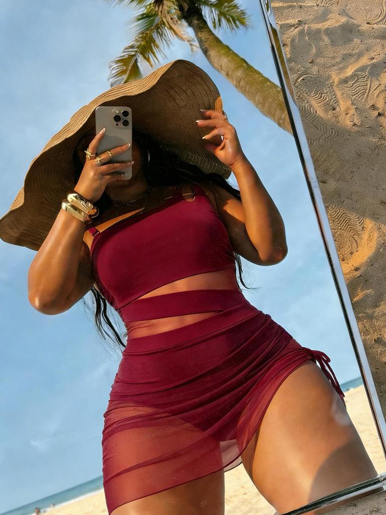 Women's Swimwear Solid Color Mesh Patchwork Bikini Beach Suit Bathing Suits