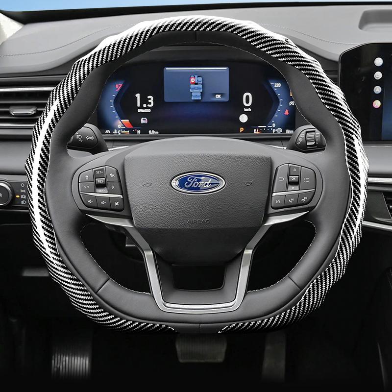 UYEG8 Suitable for Ford Carbon Fiber Texture Steering Wheel Cover with Snap-On Wave-Shaped Sport Design