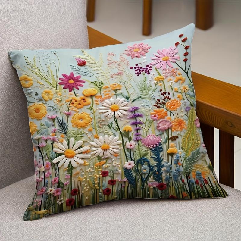 1Pack Country Floral Pillow Covers, 17.7x17.7 Inch, Machine Washable, Zippered Linen Cushion Cases for Home Decor,Flower Pattern