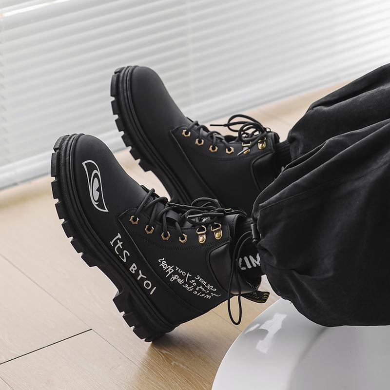 Black Graffiti Men's Motorcycle Boot High Top Platform Man Boots Trendy Streetwear Leather Ankle Boots for Men Botas De Cuero
