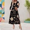 Women Plus Size Black Floral Printed Long Sleeve Round Neck A Line Midi Dress With Pockets
