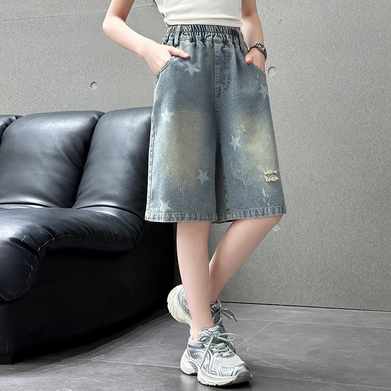 Kids Child Retro Gothic Y2K Knee Length Ripped Denim Shorts with Star Print for Teenage Girl Casual Mid-Calf Jeans Capri