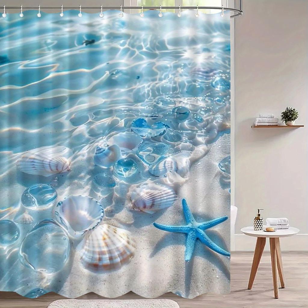 1pc Ocean-Themed Shower Curtain with Hooks - Vibrant Underwater Scene with Seashells & Starfish, Coastal Bath Partition