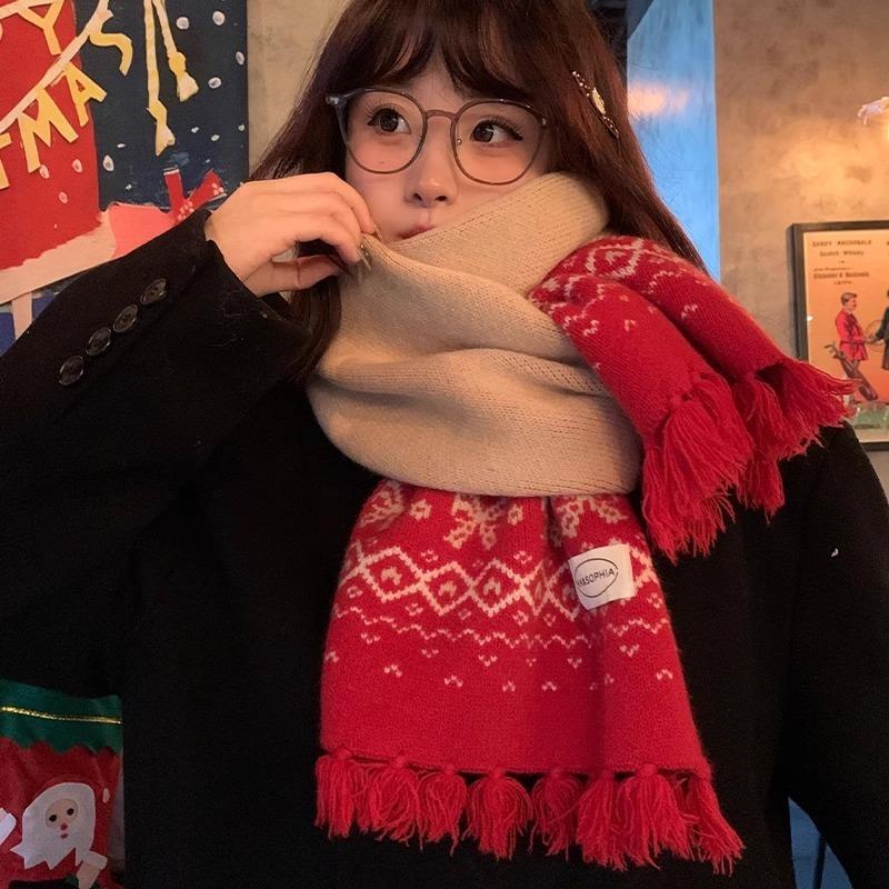 Red bow knitted fringed scarf women's winter atmosphere versatile Christmas warm student scarf