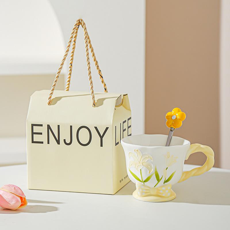 Tulip Ceramic Cup Hand Painted Relief High Looking Coffee Cup Mug Girl Heart Home Water Cup Souvenir