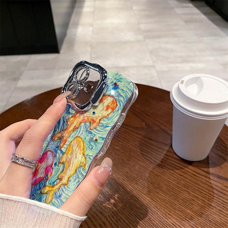 Luxury Fashion Flash Powder Lens Film Koi Diamond Phone Case for iPhone 16 Pro Max 15 14 Plus 13 12 11 Invisible Stand Full Cover Protective Cover