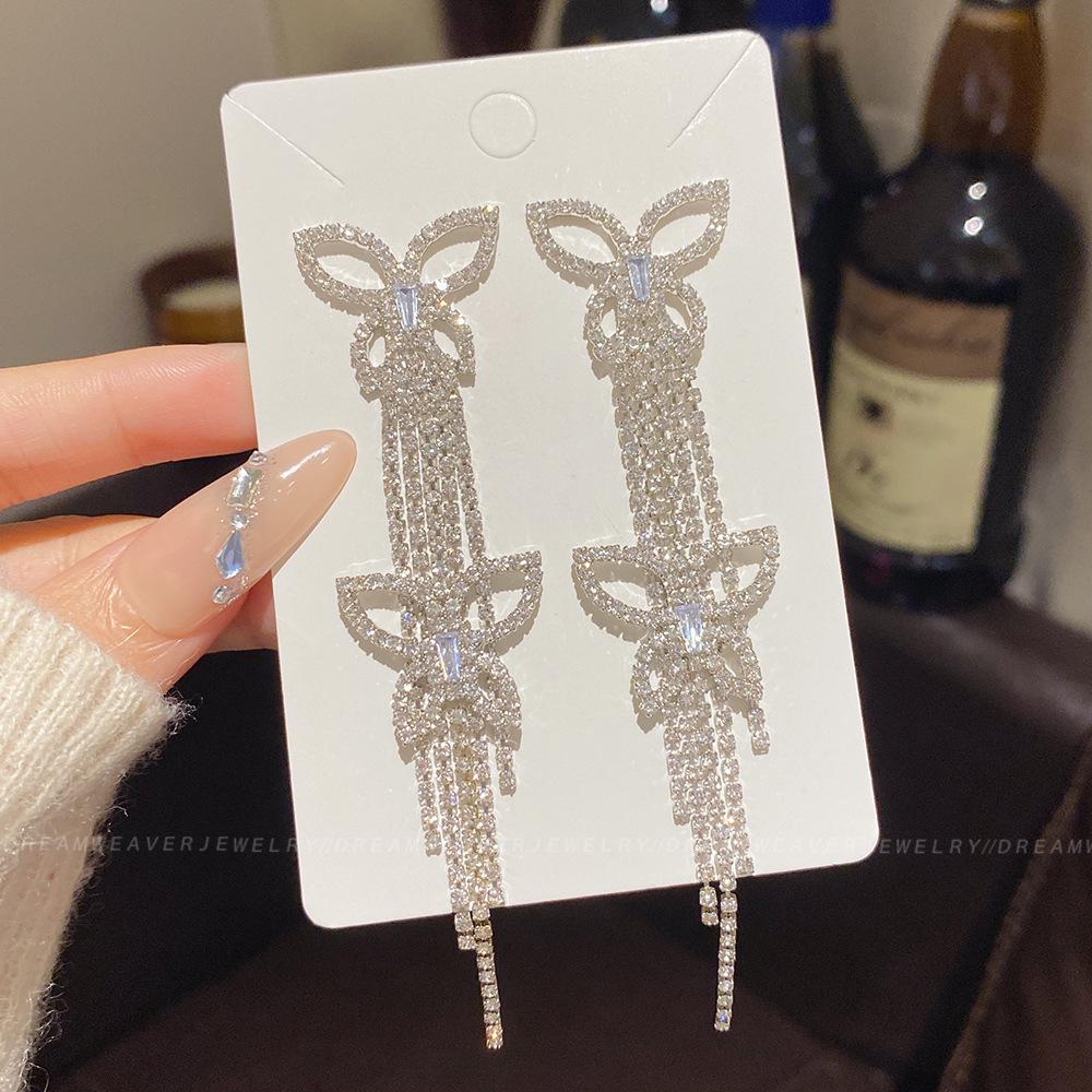 925 Sterling Silver Full Diamond Tassel Earrings – High-End European & American Style, Super Shiny, Luxurious Ear Jewelry for Women.