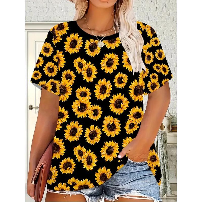 Plus Size Women's 3D Printed Sunflower Pattern T-shirt An Elegant Casual Crew Neck Short Sleeved Top