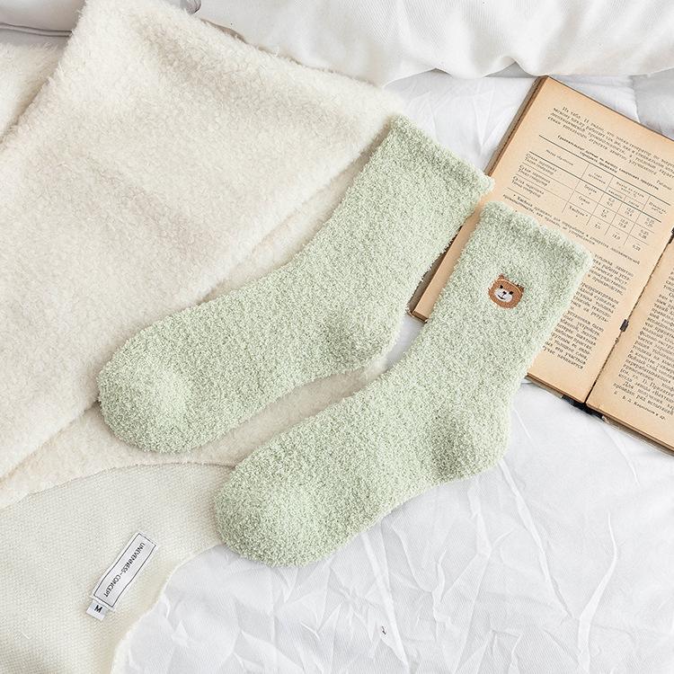 1pair Coral Fleece Sleeping Socks Home Socks Women's Mid-tube Autumn and Winter Embroidery Bear Cute Plus Velvet Thick Warm Long Tube