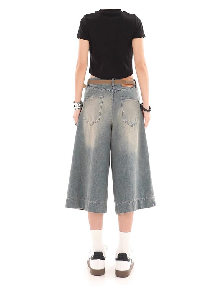 Cat Whisker textura Retro džínové šortky Ženy Americký styl Vintage Široké nohavice Street Summer Dámské Retro Volné krátké džíny s vysokým pasem Y2k