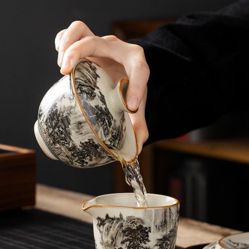 Juego de Gaiwan de Porcelana Paisaje Horno Ru de 170 ml para Taza de Té Tureen Vajilla Tazas Chinas Amarillas Cerámica Apertura Cuencos de Té Ceremonia del Té