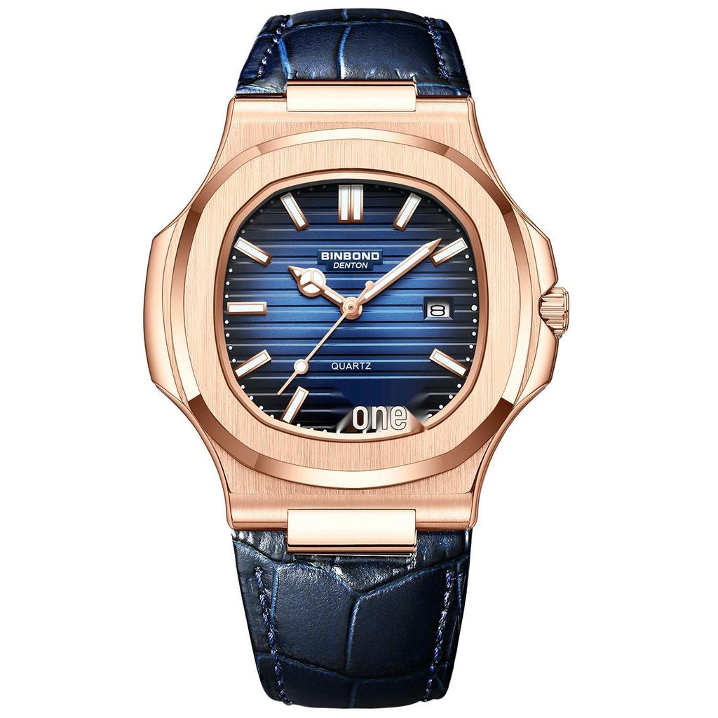 Men's Fashionable Waterproof Luminous Calendar Watch with Genuine Leather Strap