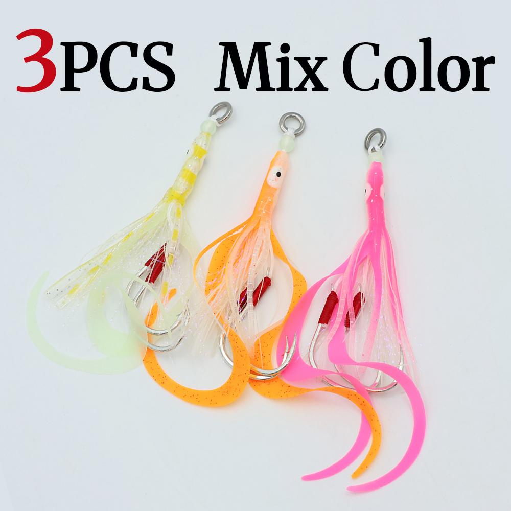 3 buc. Fuste moi calmar care luminează în întuneric, nălucă cu 2 cârlige asist pentru jigging cu prezentare lentă, momeală pentru trolling pescuit în apă sărată (Trandafir Portocaliu Alb)