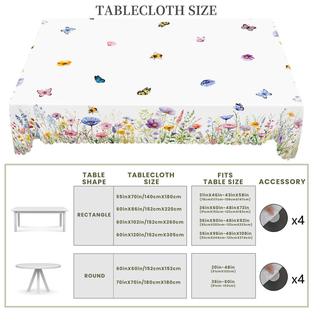 1 Piece Of Spring And Summer Floral Round And Rectangular Tablecloths, Available In Various Sizes, Floral And Butterfly Print Pattern Design, French R