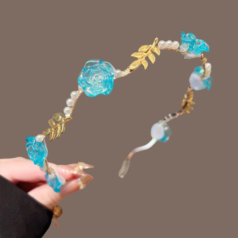 Elegant Rose Flower Headbands with Faux Pearls Golden Leaf Details Bridal Hair Accessory for Wedding Prom Bridesmaid A4