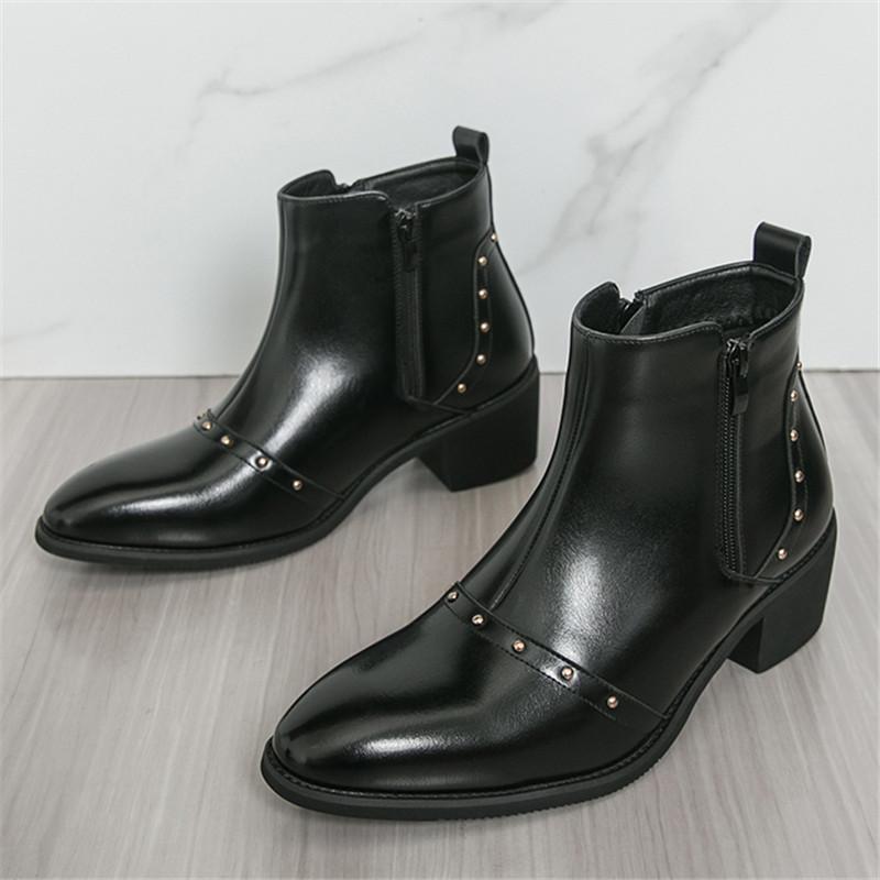 Designer New Men's Pointed Punk Rivet Patent Leather Chelsea Casual Ankle Boot Male Winter High Tops Cuban Shoes Zapatos Hombre