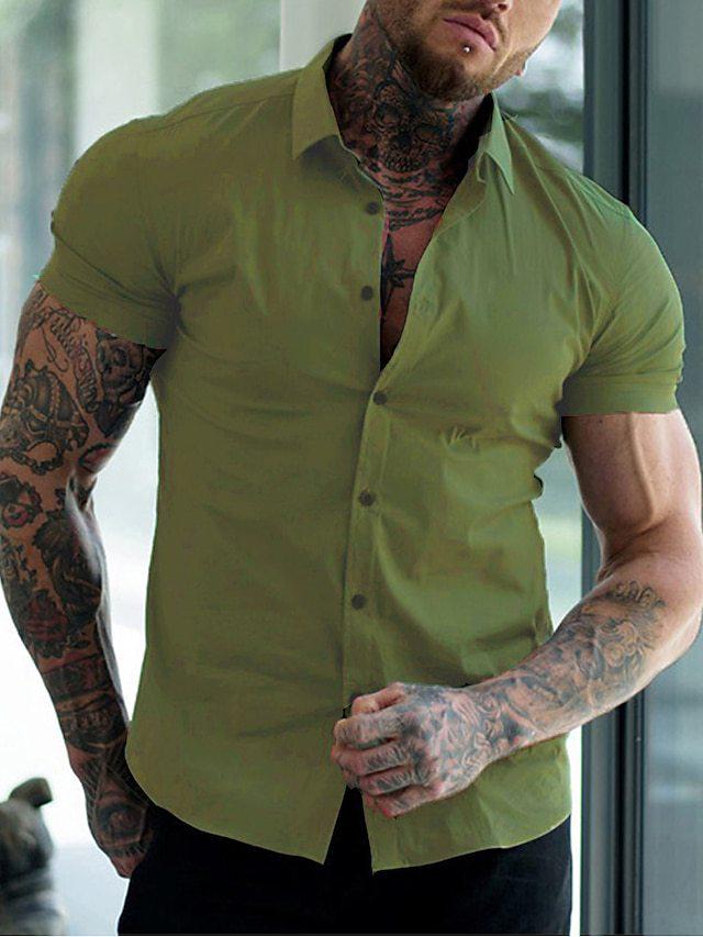 Men's Slim Fit Solid Color Short Sleeve Cardigan Shirt - Casual European and American Teen Style