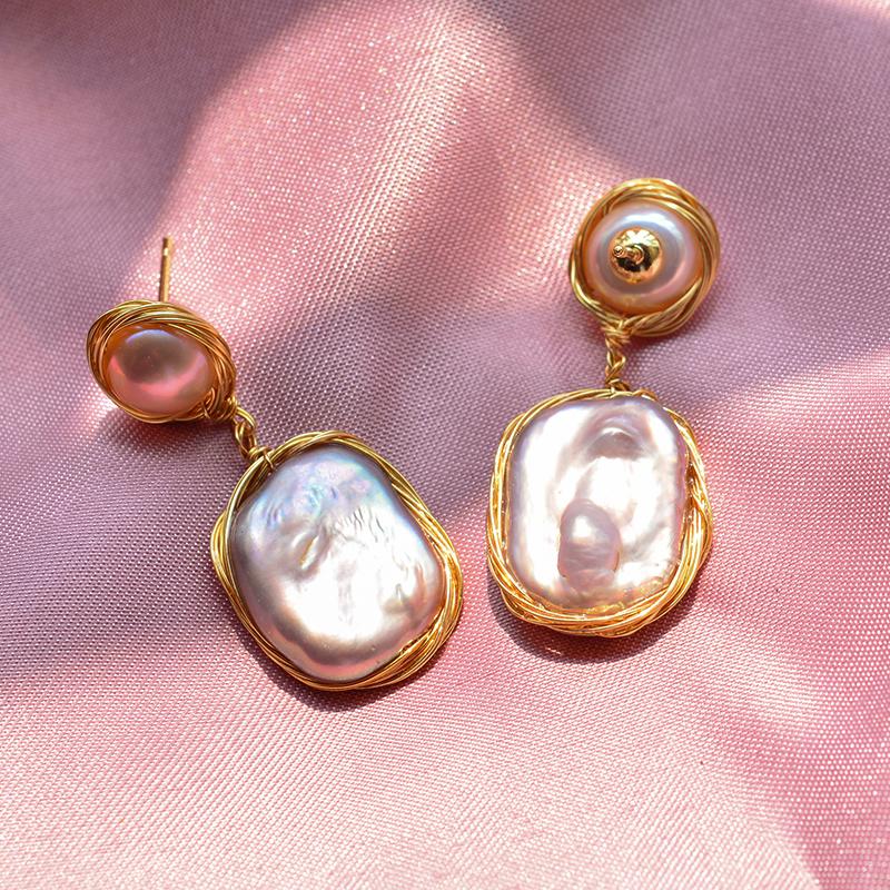100% Natural Baroque Freshwater Pearl 14K Gold Filled Female Tassels Stud Earrings For Women Birthday Gifts