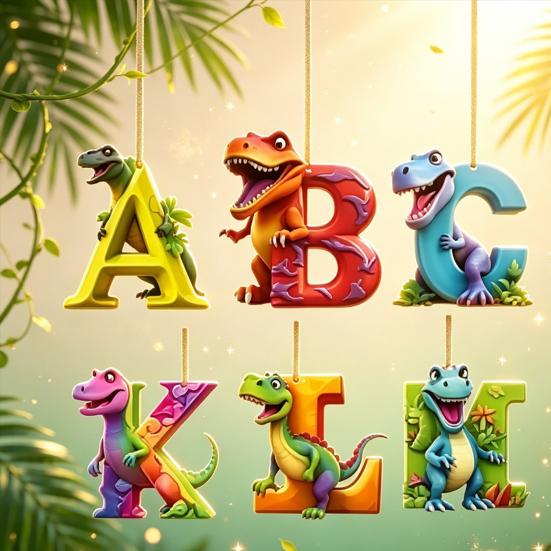 Creative Christmas Stocking Stuffers 26 Letters Cartoon Dinosaur Advent Calendar, 2D Acrylic Dino Figures Countdown Calendar with Pendants Ornaments,