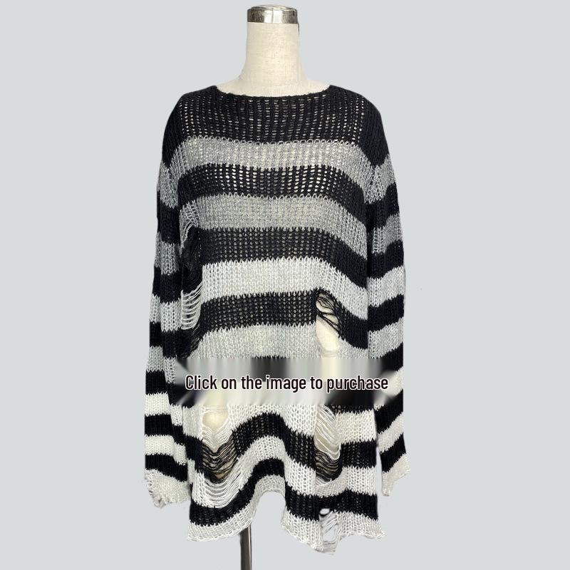 Stripet mohairstrikket genser: Damelengde Løs passform med rippede detaljer