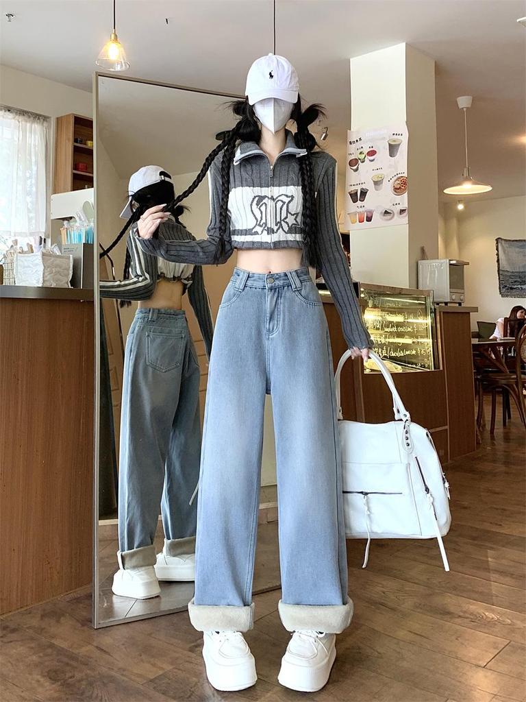 Winter 2025 Plus Size Fleece-Lined Straight Leg Jeans for Women - High Waist, Loose Fit, Slimming, Floor-Length.