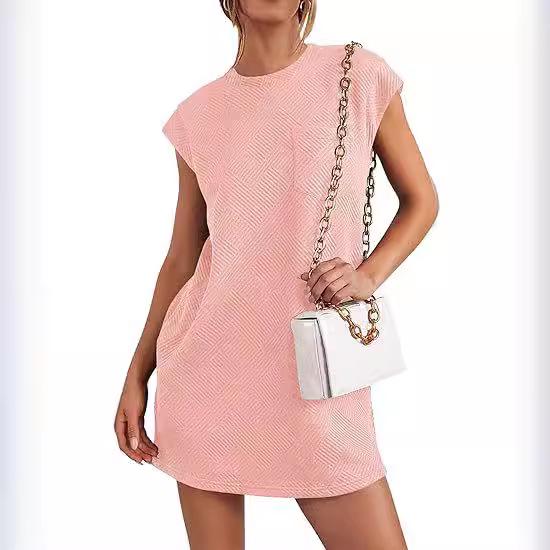 2024 Jacquard Pattern Crew Neck Pocket Short Sleeve Loose Women’s Dress