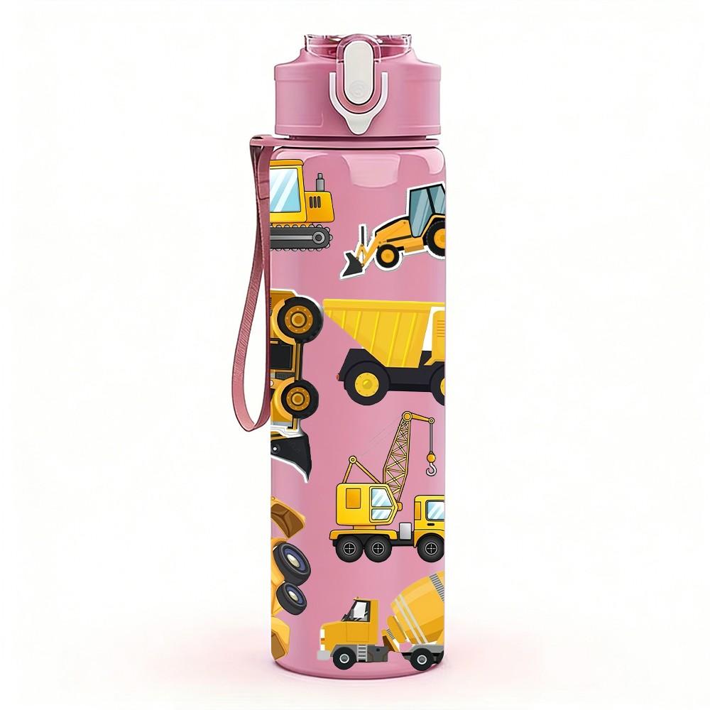 1PC Mixed Construction Truck Group Print 750ml Color Plastic Sports Water Bottle Leakproof Flip Straw Lid Suitable for Sports Office Home Use