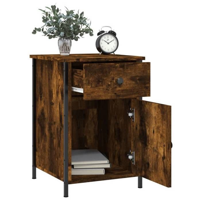 Table de chevet - Maison Exclusive - Chêne fumé - Bois d'ingénierie résistant à l'humidité - Cadre en fer robuste
