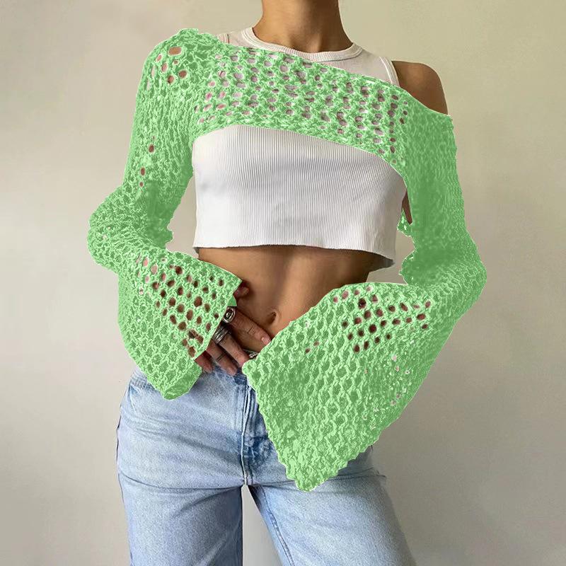 2025 Autumn Women's Ultra-Short Hand-Hooked Mesh Sweater with Trumpet Sleeves