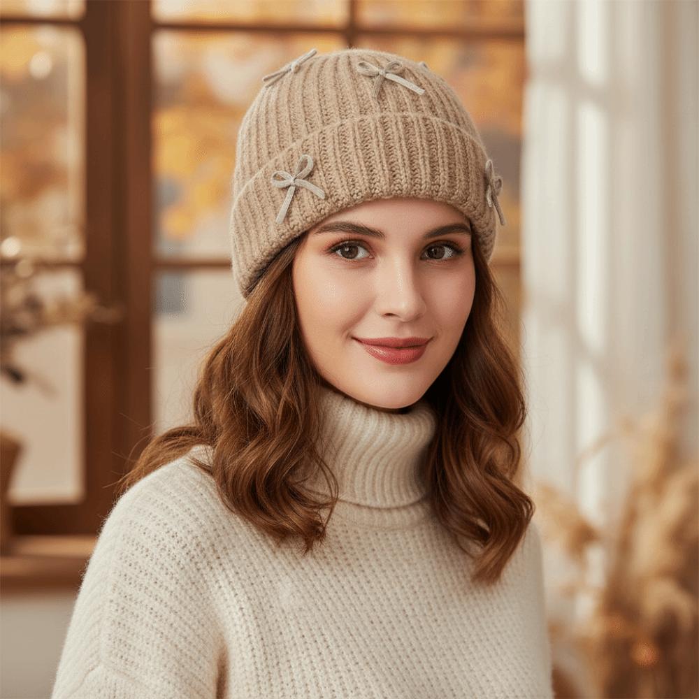 Bowknot Knitted Beanie Hat Thick Korean Sweet Bow Hat Fashion Woolen Pullover Hat Girls