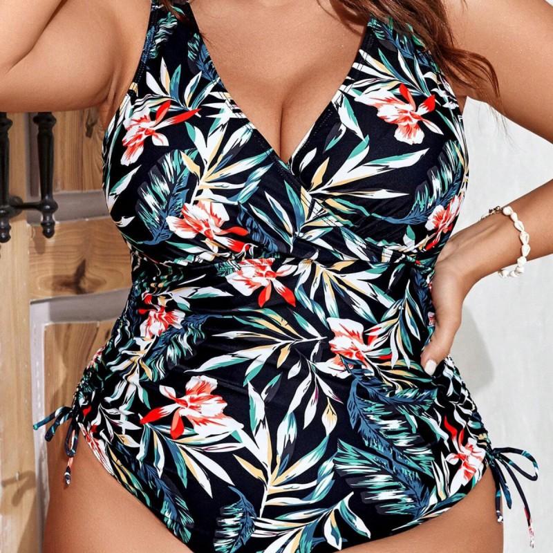 Plus Size Full Coverage Swimsuit With Print Tummy Control Wire-Free Padded Bodysuit Women