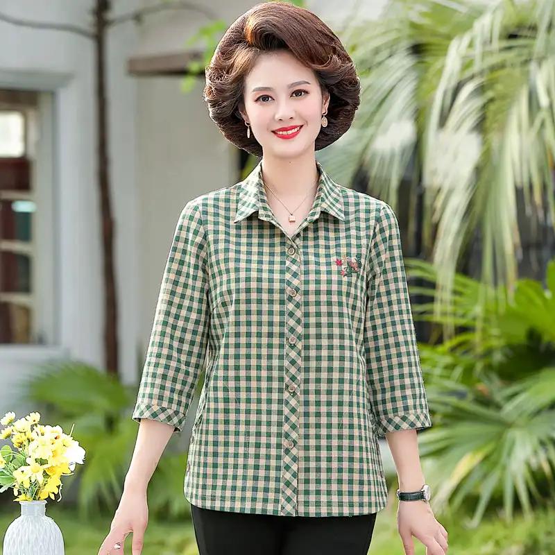 Mom's Shirt Loose Pure Cotton Plaid Modern Style New Spring Summer Three-quarter Sleeve Shirt for Middle-aged Elderly People