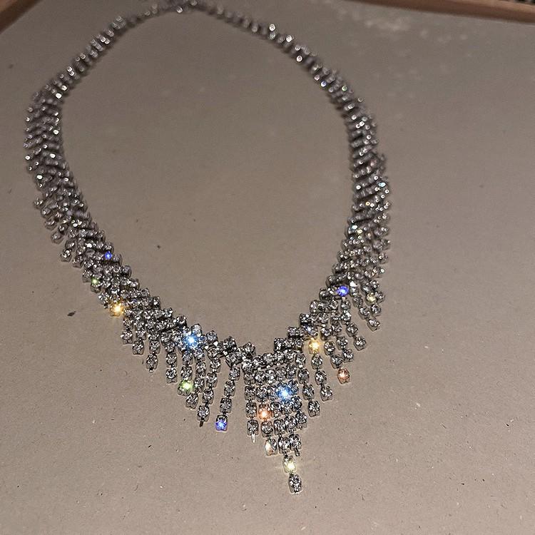 Luxurious European-American Crystal Tassel Necklace - Geometric Design, High-End Chic for Women