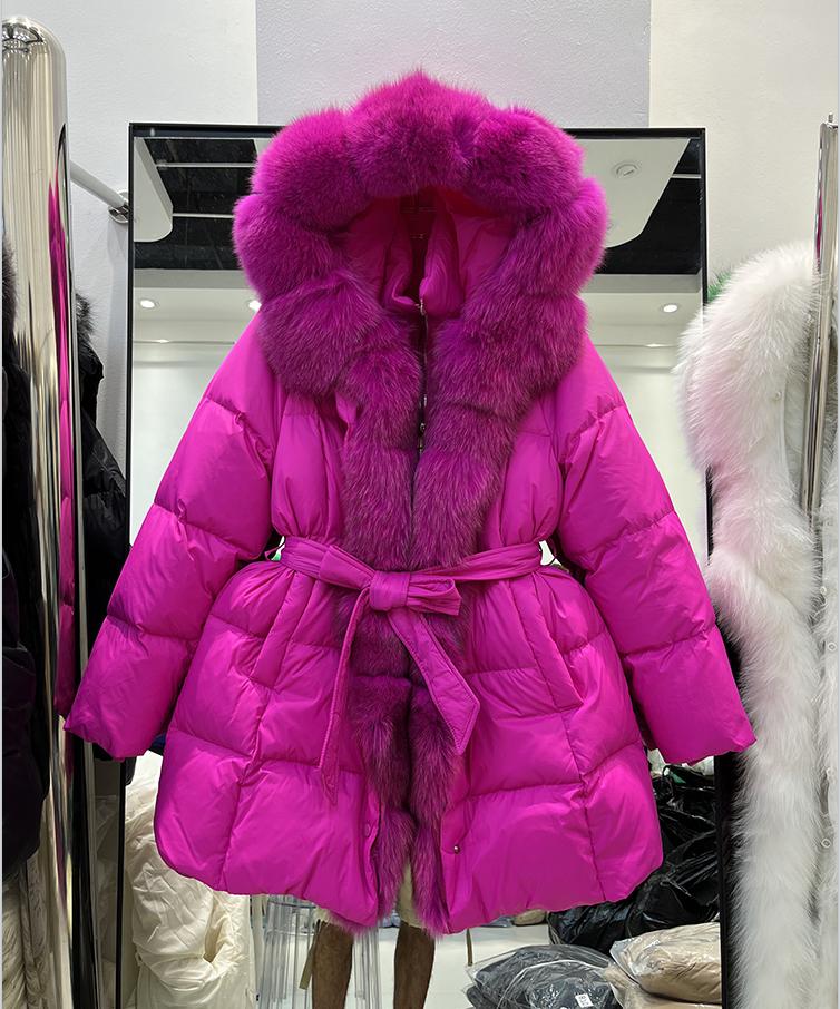 European winter new fur fox fur collar down jacket women's medium and long lace-up waist thickened coat