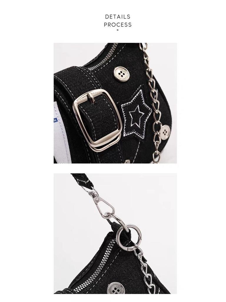 Hot Girl Denim Motorcycle-Style Shoulder Bag: Small, Versatile, Large Capacity Handbag for Women