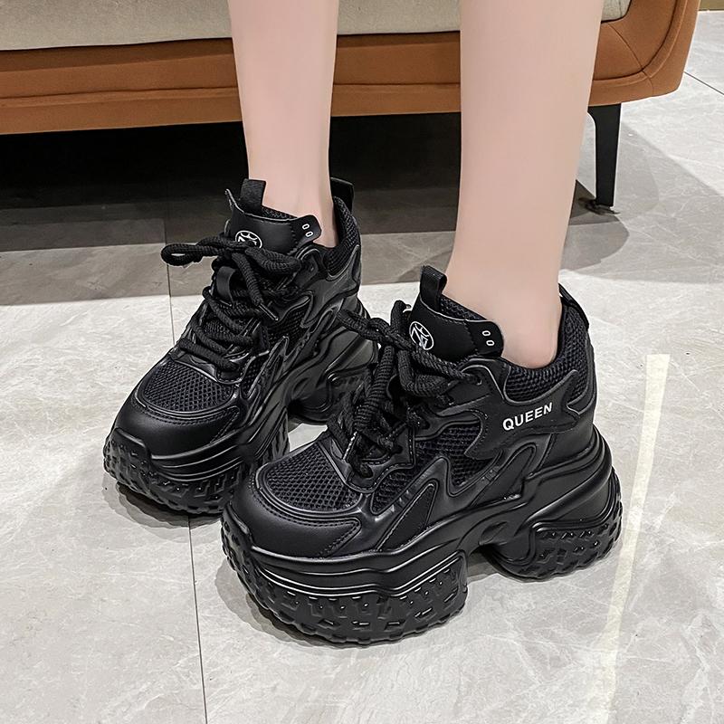 Fashion Spring Autumn Women Bling Chunky Sneakers Breathable Mesh Casual Shoes 10CM Wedge Heels Platform Shoes Fem Sports Dad Smehoes