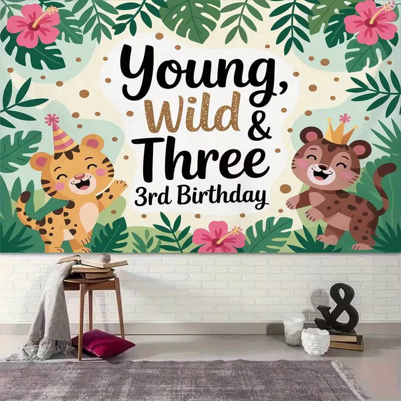 2D Young Wild & Three 3rd Birthday Backdrop Jungle Tiger Safari Photography Background Cloth