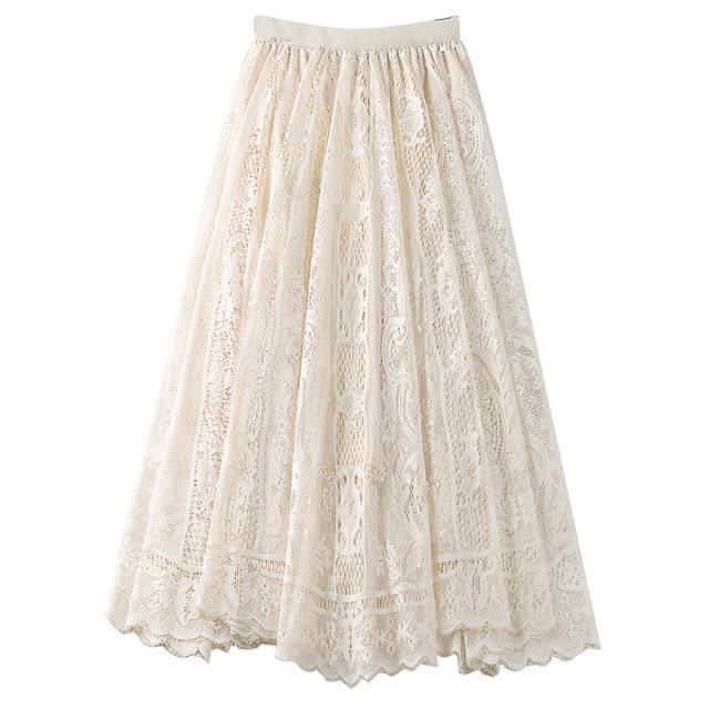 Saia Midi Evasê de Renda Bordada Jacquard Feminina Primavera Cintura Alta Saia de Temperamento de Comprimento Médio