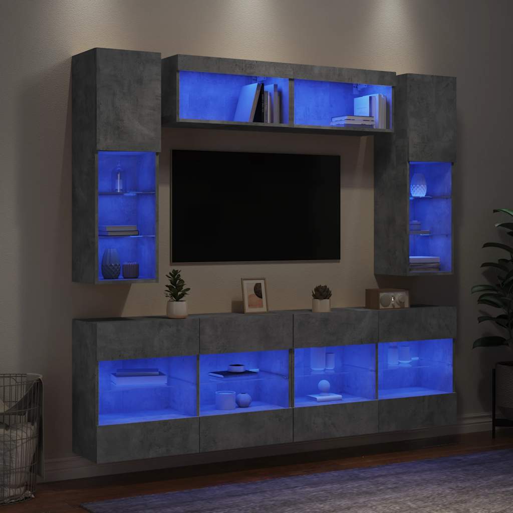 6 Piece TV Wall Unit with LED Lighting Concrete Grey