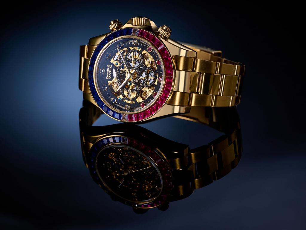 Daniel Douglas DD8802DG Analog Automatic Mechanical Gold and & Watch, Silver, Men's (Blue Pink)